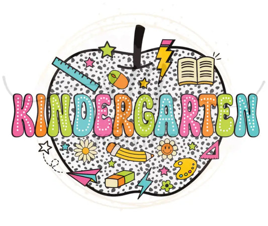 Colorful apple-shaped design containing the word ’Kindergarten’ decorated with school-themed doodles and stars.