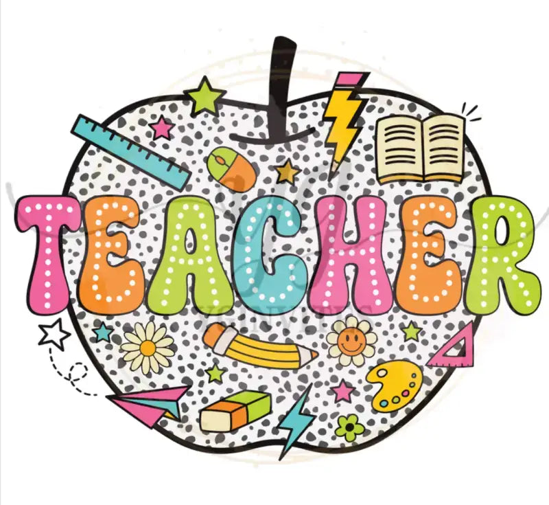 Decorative apple shape filled with the word ’TEACHER’ and school-themed doodles.