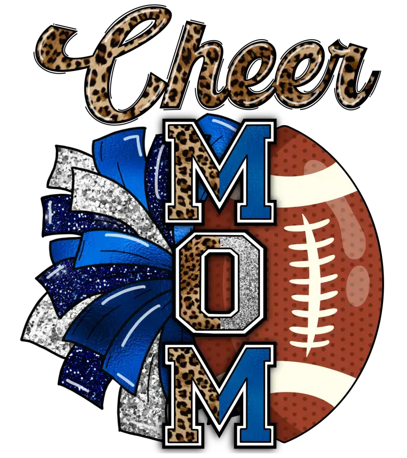 Cheer mom design with leopard print text, blue pom poms, and a football motif.