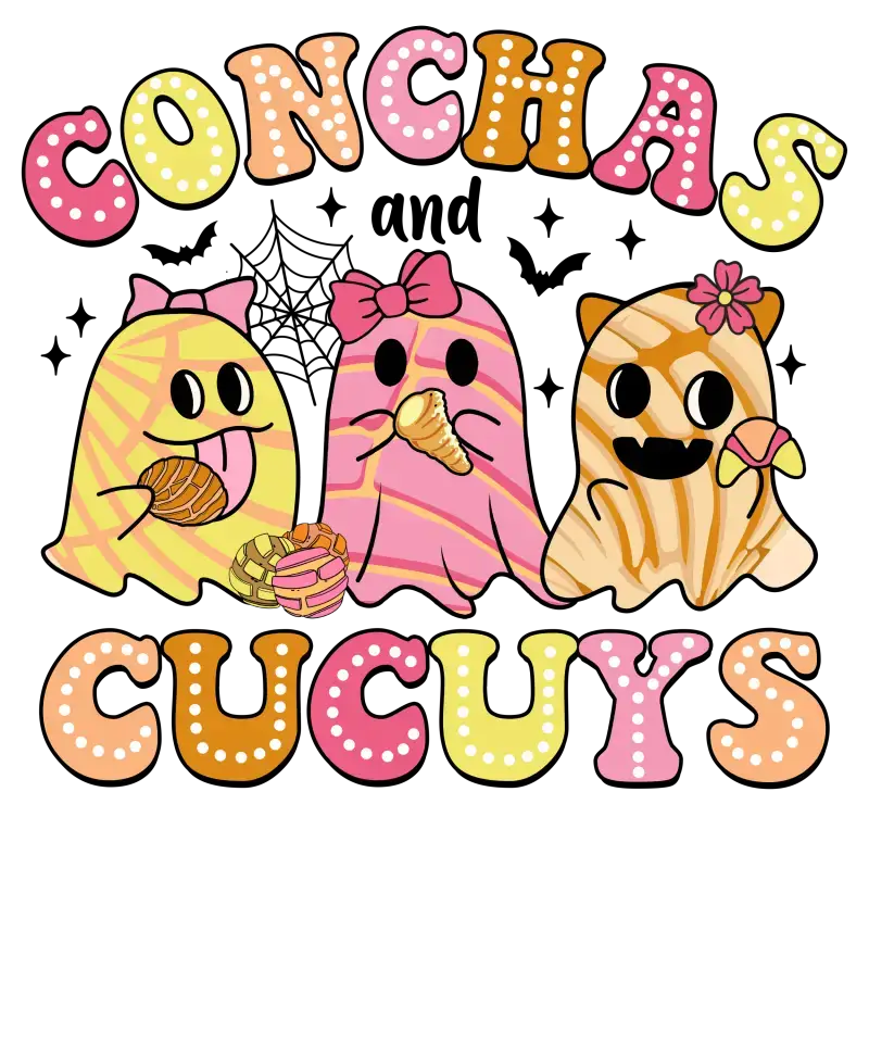 Cute cartoon ghost characters with bows and Halloween decorations between colorful text reading ’Conchas and Cucuys’