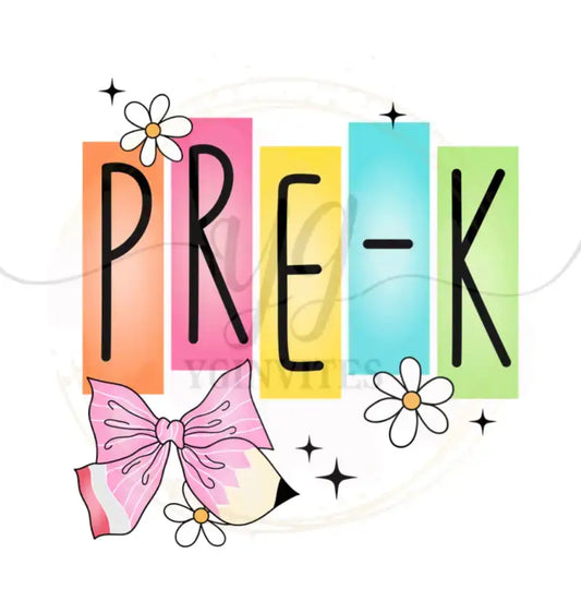 Colorful ’PRE-K’ text decorated with daisies and a pink bow.