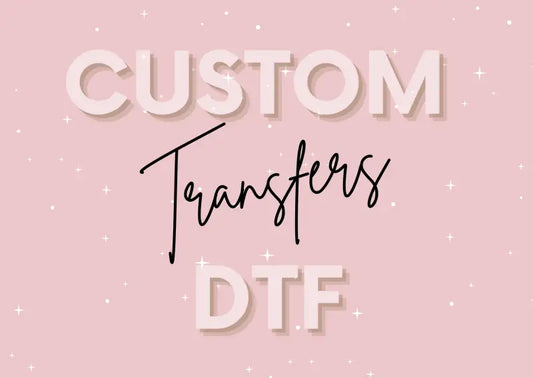 Text reading ’CUSTOM Transfers DTF’ in white and black lettering on a pink background.