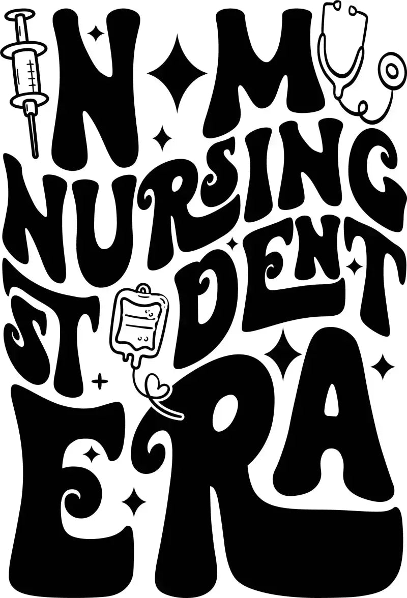 Black and white typography art featuring the text ’NM NURSING STUDENT ERA’ with medical symbols like syringes and stethoscopes.