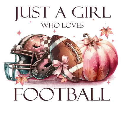 A decorative autumn-themed illustration featuring a football helmet, football, and pink pumpkin with maple leaves and sparkles.