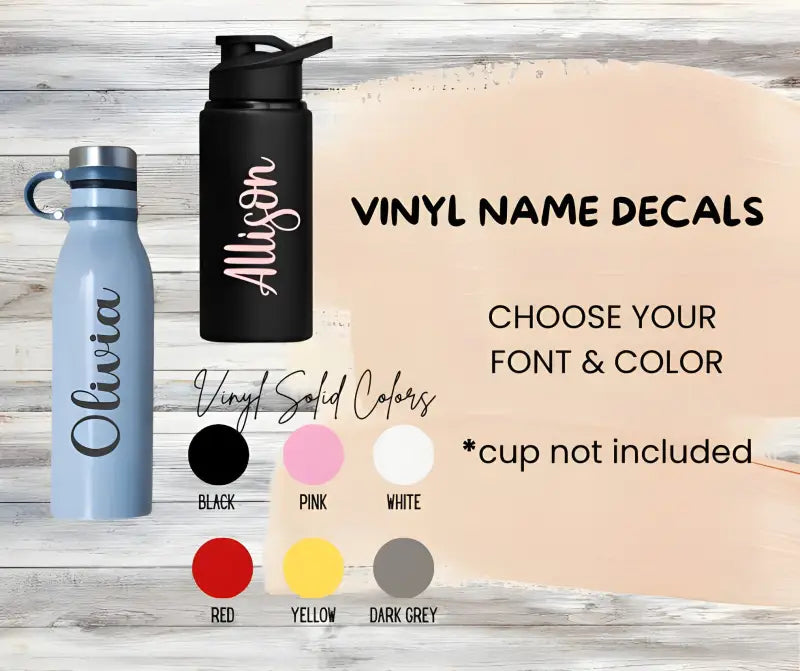 Vinyl name decals available in multiple colors for customizing water bottles.