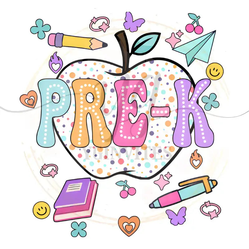 Decorative ’PRE-K’ text inside an apple shape with playful school-themed doodles around it.