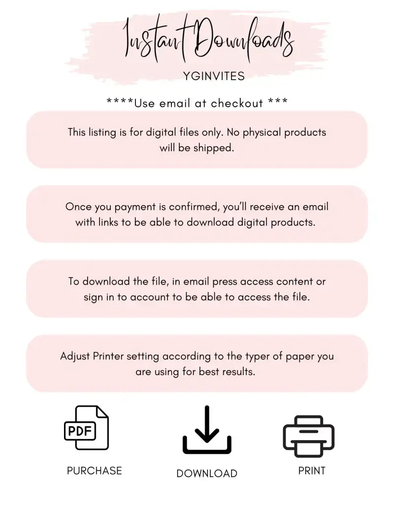 Instructions for digital downloads with three icons showing purchase, download, and print steps.