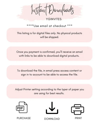 Instructions for digital downloads with three icons showing purchase, download, and print steps.