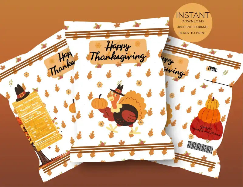 Thanksgiving-themed digital printables or cards featuring a turkey and fall pumpkin designs with autumn leaves.