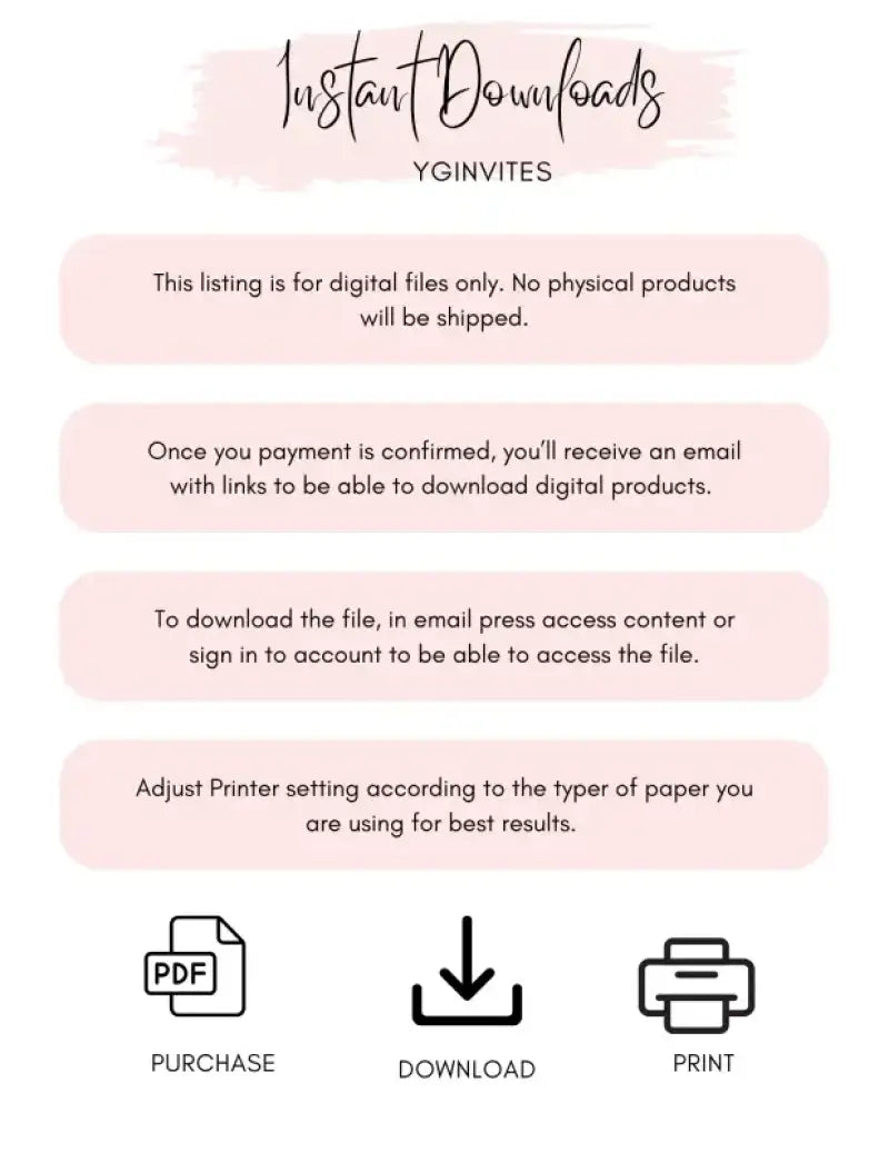 Instructions card for digital download process with pink watercolor accents and three icons at bottom.