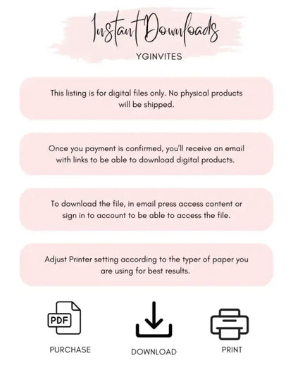 Instructions card for digital download process with pink watercolor accents and three icons at bottom.