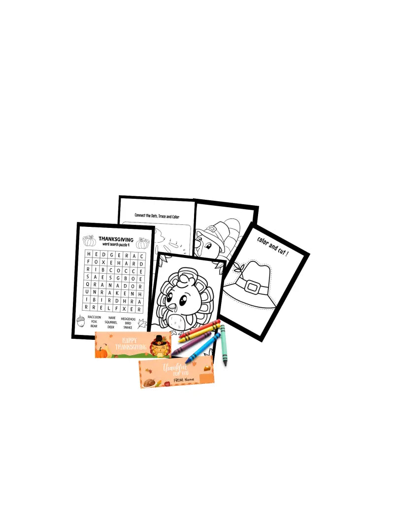 Collection of activity sheets and coloring pages with crayons.