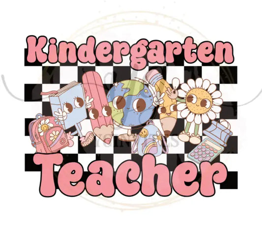 Decorative text reading ’Kindergarten Teacher’ with cute school-themed cartoon illustrations like a sun, backpack, and pencil on a checkered pattern.