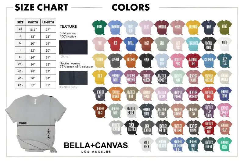 Color and size chart for Bella+Canvas t-shirts showing available styles and measurements.