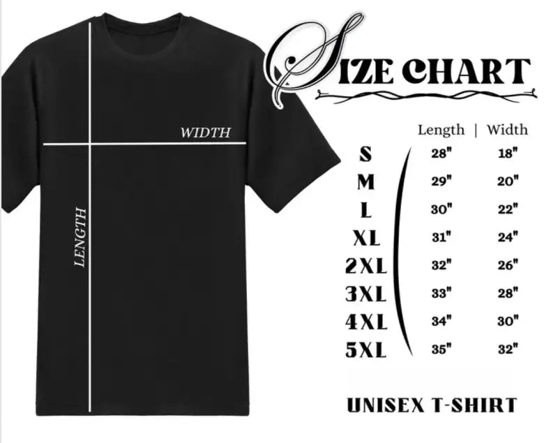 Black t-shirt with measurement lines and size chart.