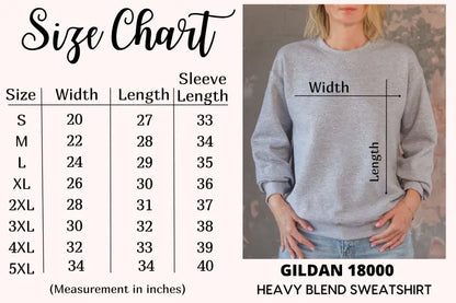 Gray Gildan 18000 heavy blend crewneck sweatshirt with accompanying size chart.