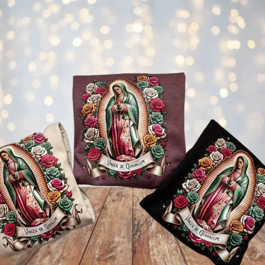 Three decorative pillows featuring Our Lady of Guadalupe surrounded by roses.